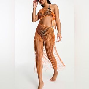 One shoulder midi beach dress with fringe